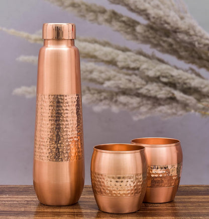 Pure Copper Water Bottle with Glass, Advanced Leak Protection, Durable and Rust Proof Tamba Bottle with 2 Glasses for Drinking, Perfect Stylish Office Carrying Bottles - 1000 Ml