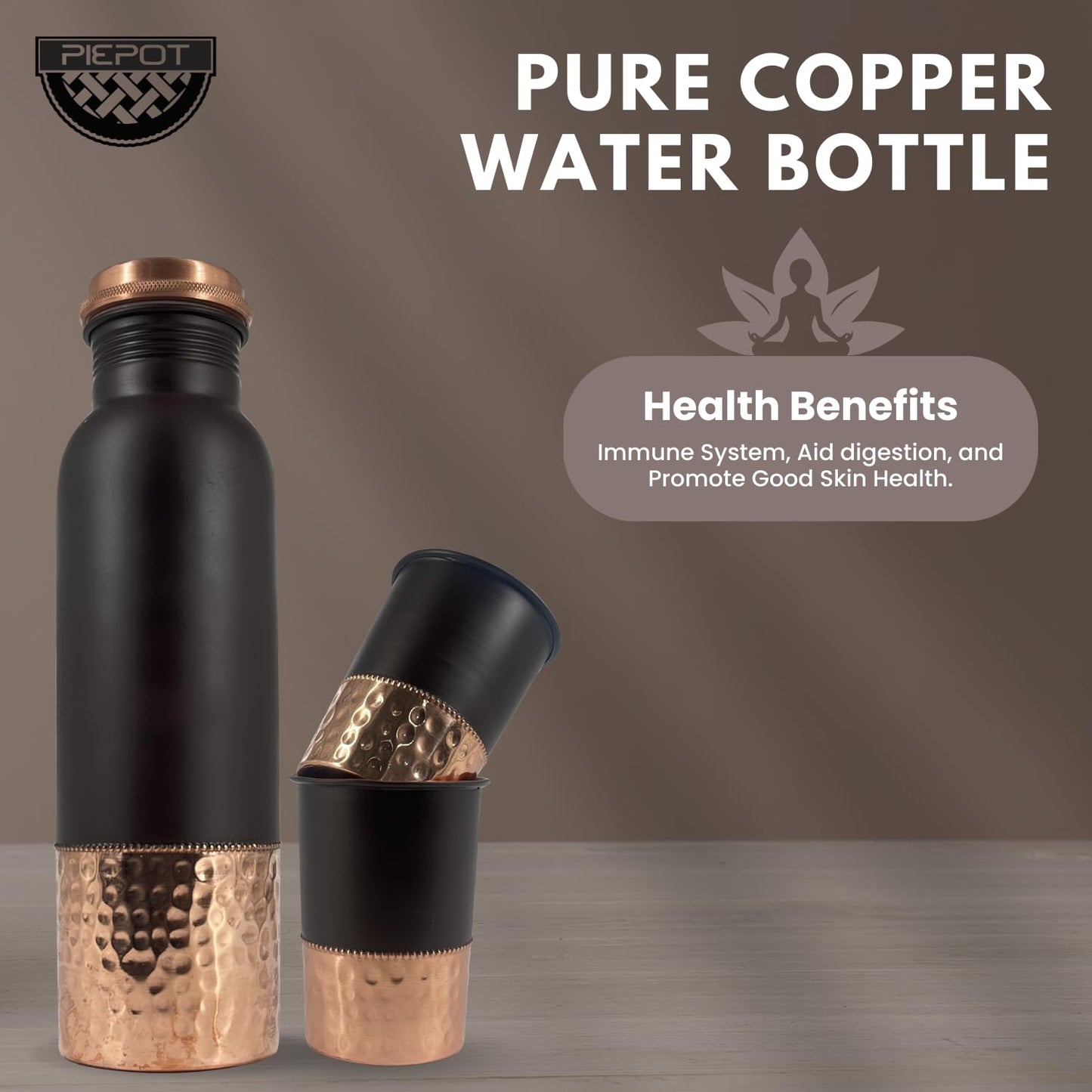 Copper Water Bottle 1 Ltr | Copper Water Bottle with Glass Set | Meena Work | 100% Pure | Leak-Proof | 2 Water Glass 300ml each | Best for Gifting (Dark Brown Design)