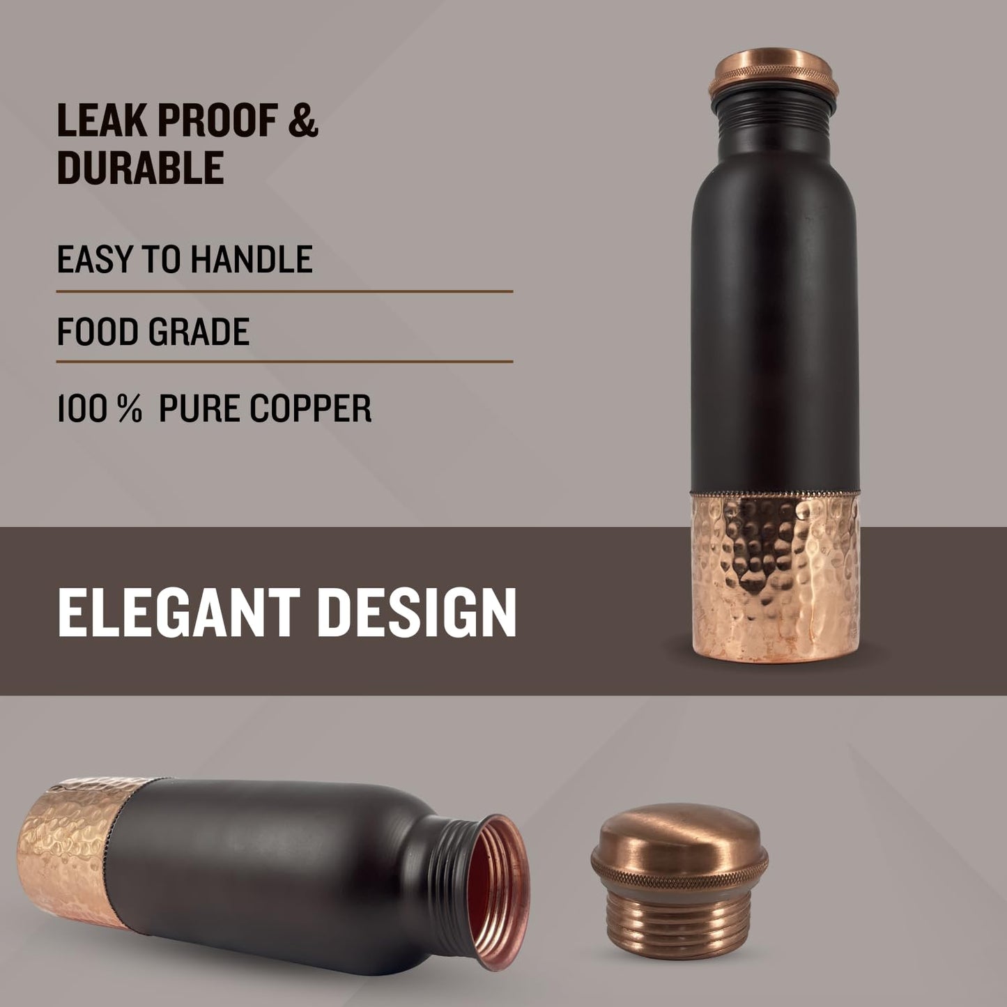 Copper Water Bottle 1 Ltr | Copper Water Bottle with Glass Set | Meena Work | 100% Pure | Leak-Proof | 2 Water Glass 300ml each | Best for Gifting (Dark Brown Design)