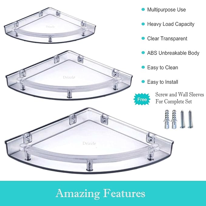Corner Shelf Super Clear | Unbreakable Transparent Bathroom Shelves | Multipurpose Use (Size 7 inch, 9 inch, 11 inch) - Set of 1 (3 Pieces)