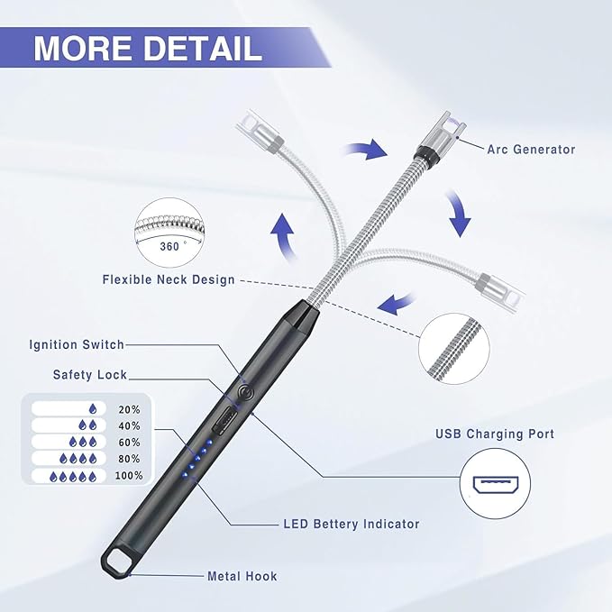 Gas Lighter for Kitchen Use | C-Type Rechargeable Electric Lighter Stove & Candle Lighter with USB Charging Port | 1 Year Warranty | 400 Uses in Single Charge