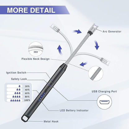 Gas Lighter for Kitchen Use | C-Type Rechargeable Electric Lighter Stove & Candle Lighter with USB Charging Port | 1 Year Warranty | 400 Uses in Single Charge