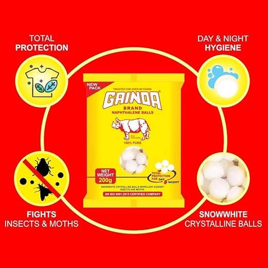 GAINDA Naphthalene Balls White Kapoor Goli Stain-free Anti-Insect, Repellant Mothballs Sanitary Cubes for Cloth Wardrobe, Almirah, Bookshelves, Cupboards & Drawers - 200 Gm, White