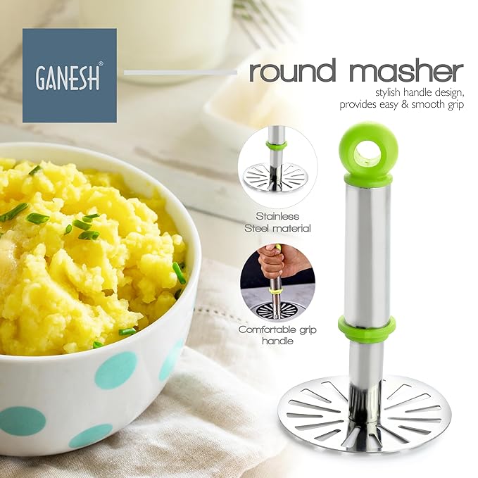 GANESH Stainless Steel Potato Crusher Vegetable Smasher Pav Bhaji Masher with Handle for Effortless Kitchen Uses (Pack of 1, Assorted)