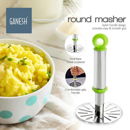 GANESH Stainless Steel Potato Crusher Vegetable Smasher Pav Bhaji Masher with Handle for Effortless Kitchen Uses (Pack of 1, Assorted)