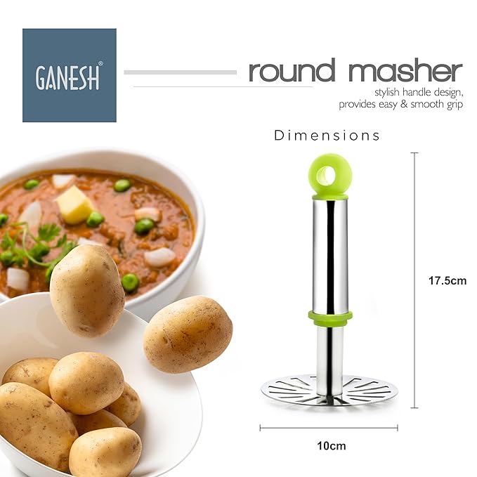 GANESH Stainless Steel Potato Crusher Vegetable Smasher Pav Bhaji Masher with Handle for Effortless Kitchen Uses (Pack of 1, Assorted)