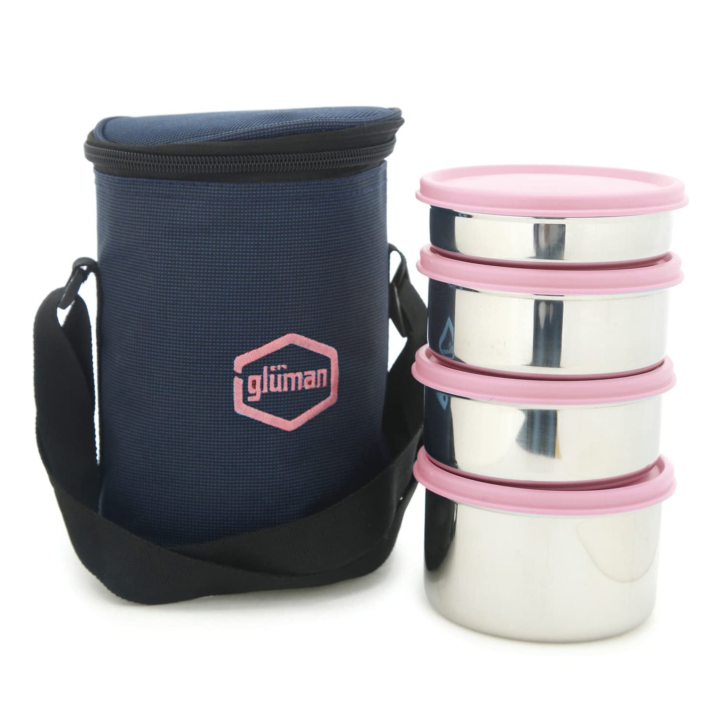Gluman Steel Lunch Box | 4 Steel Containers with BPA-Free Lids (500 ml, 350 ml, 350 ml & 250 ml) | Ideal for Office, School, College | Leakproof Insulated with Fabric Bag (Pink)