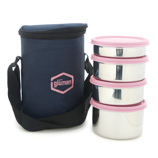 Gluman Steel Lunch Box | 4 Steel Containers with BPA-Free Lids (500 ml, 350 ml, 350 ml & 250 ml) | Ideal for Office, School, College | Leakproof Insulated with Fabric Bag (Pink)