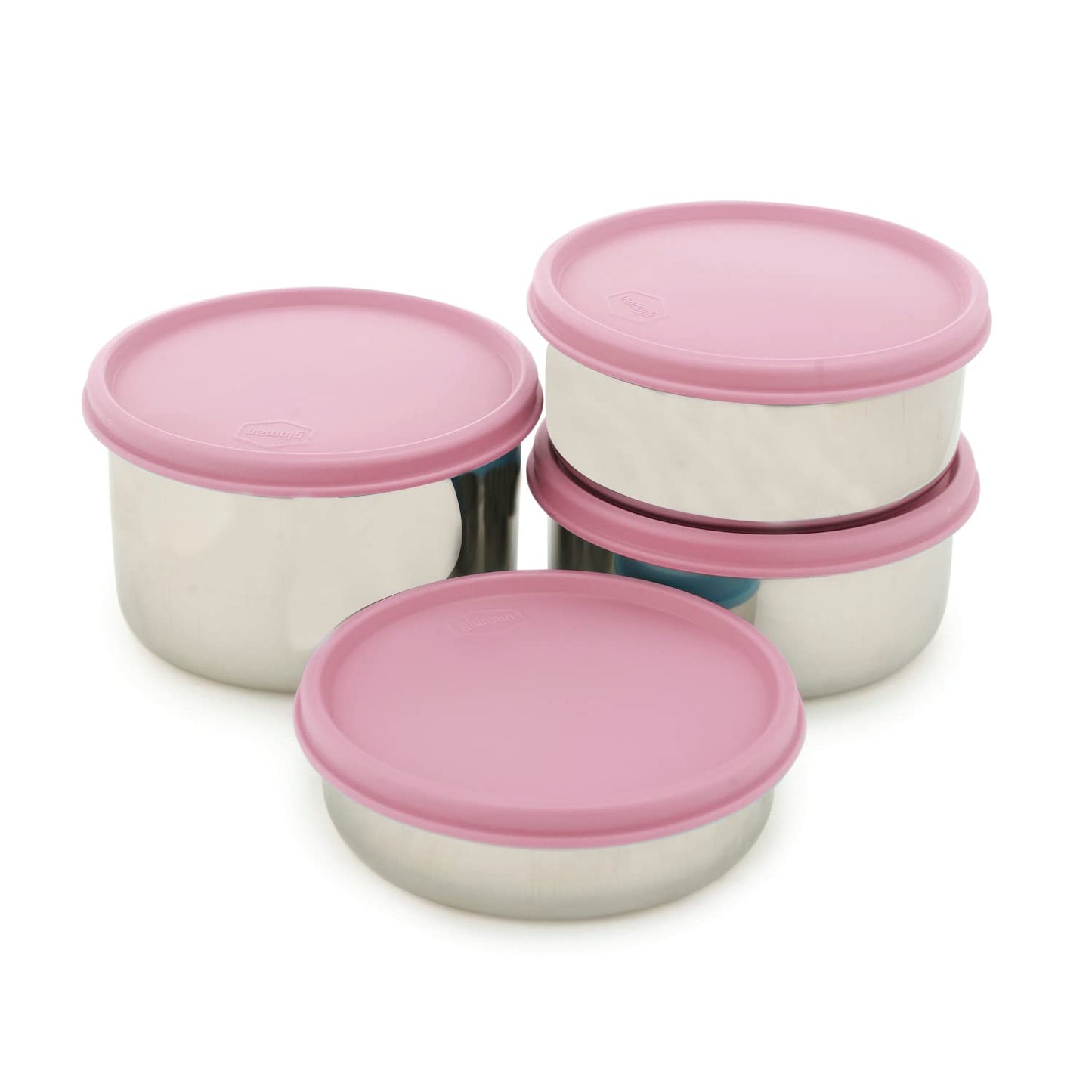Gluman Steel Lunch Box | 4 Steel Containers with BPA-Free Lids (500 ml, 350 ml, 350 ml & 250 ml) | Ideal for Office, School, College | Leakproof Insulated with Fabric Bag (Pink)
