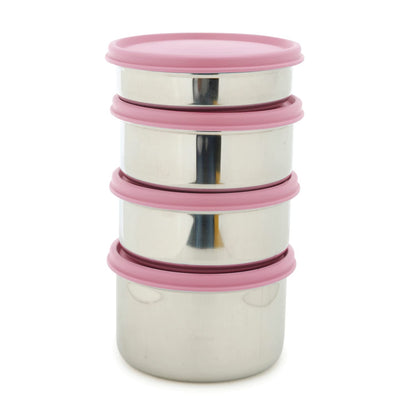 Gluman Steel Lunch Box | 4 Steel Containers with BPA-Free Lids (500 ml, 350 ml, 350 ml & 250 ml) | Ideal for Office, School, College | Leakproof Insulated with Fabric Bag (Pink)