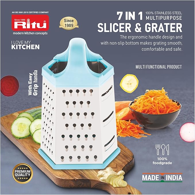 Ritu J-381 Vegetable Grater & Slicer|Stainless Steel 7 in 1 Kitchen Chopper| Grater for Cheese|Vegetables|Ginger (Silver)