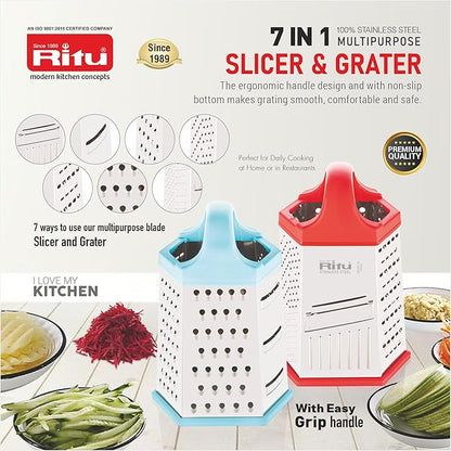 Ritu J-381 Vegetable Grater & Slicer|Stainless Steel 7 in 1 Kitchen Chopper| Grater for Cheese|Vegetables|Ginger (Silver)