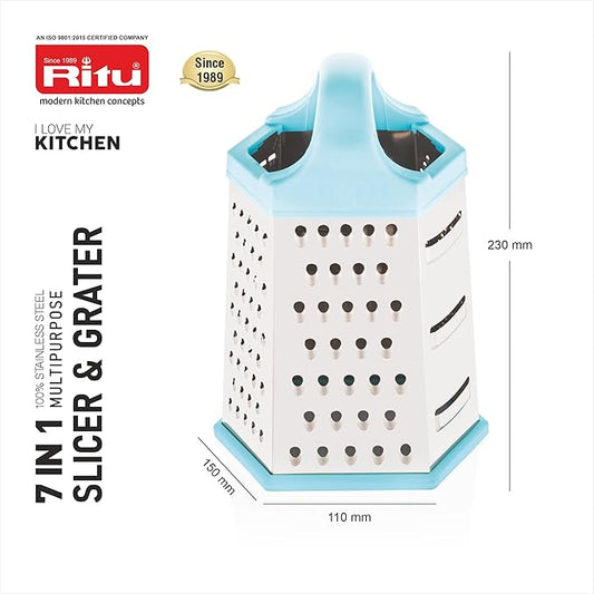 Ritu J-381 Vegetable Grater & Slicer|Stainless Steel 7 in 1 Kitchen Chopper| Grater for Cheese|Vegetables|Ginger (Silver)