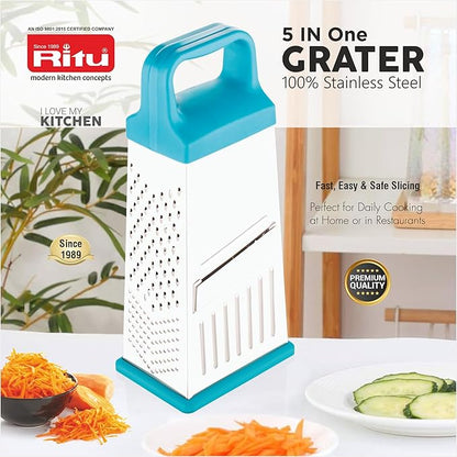 RITU Stainless Steel 5 -in -1 Grater & Slicer with 4 Sides | Heavy Duty Multipurpose Kitchen Tool for Cheese, Vegetables, Ginger, Garlic | Home Cooking Essential Grater & Slicer for Daily Use