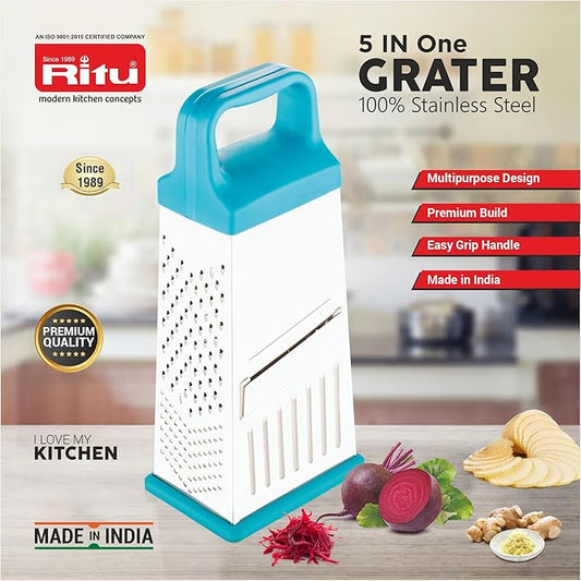 RITU Stainless Steel 5 -in -1 Grater & Slicer with 4 Sides | Heavy Duty Multipurpose Kitchen Tool for Cheese, Vegetables, Ginger, Garlic | Home Cooking Essential Grater & Slicer for Daily Use