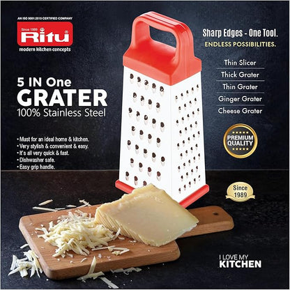 RITU Stainless Steel 5 -in -1 Grater & Slicer with 4 Sides | Heavy Duty Multipurpose Kitchen Tool for Cheese, Vegetables, Ginger, Garlic | Home Cooking Essential Grater & Slicer for Daily Use