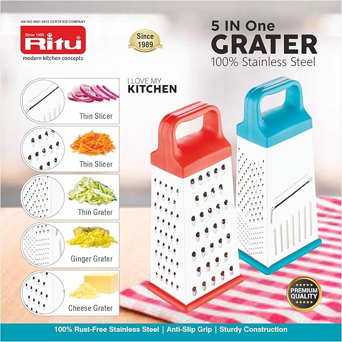 RITU Stainless Steel 5 -in -1 Grater & Slicer with 4 Sides | Heavy Duty Multipurpose Kitchen Tool for Cheese, Vegetables, Ginger, Garlic | Home Cooking Essential Grater & Slicer for Daily Use