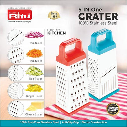 RITU Stainless Steel 5 -in -1 Grater & Slicer with 4 Sides | Heavy Duty Multipurpose Kitchen Tool for Cheese, Vegetables, Ginger, Garlic | Home Cooking Essential Grater & Slicer for Daily Use
