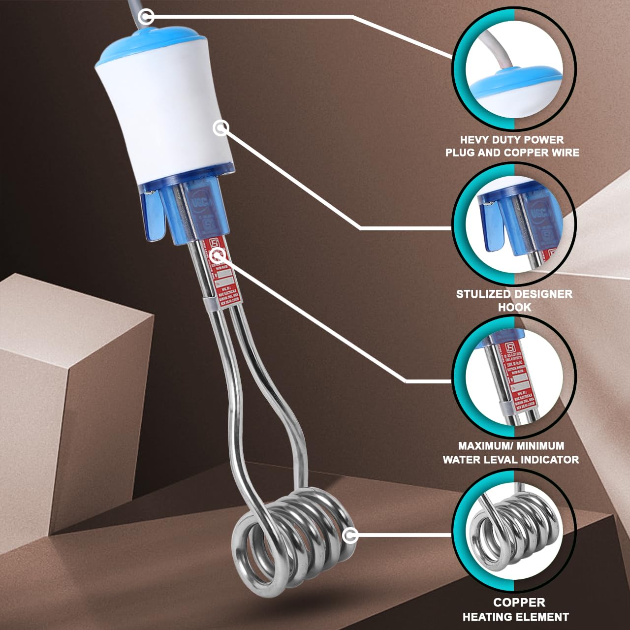 Copper Immersion Rod 2000 Watts Water Heater Rod For Home- Shockproof/Waterproof With Isi Approved Turbo-Heat Pro Technology For Rapid Heating (1 Year Warranty