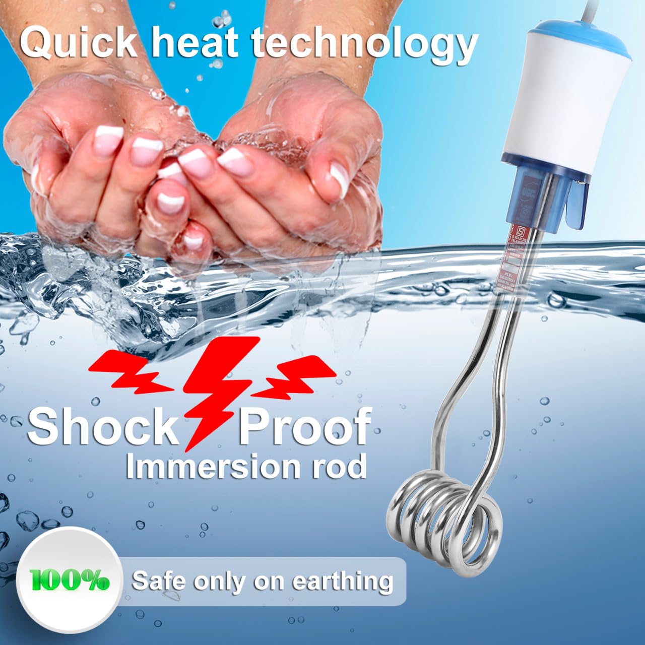 Copper Immersion Rod 2000 Watts Water Heater Rod For Home- Shockproof/Waterproof With Isi Approved Turbo-Heat Pro Technology For Rapid Heating (1 Year Warranty