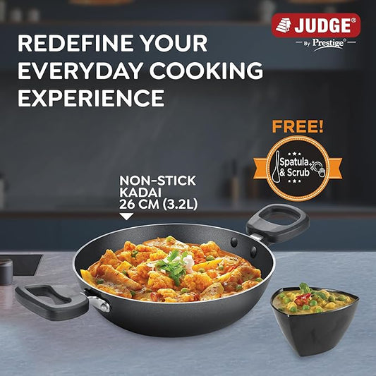 Judge by Prestige 26Cm (3.2L) Everyday Non-Stick Kadhai | Low Oil Cooking | Easy to Clean | Cool Touch Handles, Black
