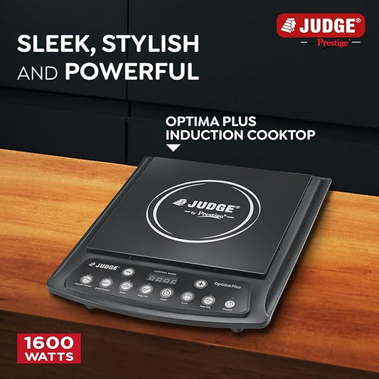 Judge by Prestige 1600Watts Optima Plus Induction Cooktop | Pre-Set Indian Menu Options | Timer Function | Push Butoon | Easy to Clean Design, Black
