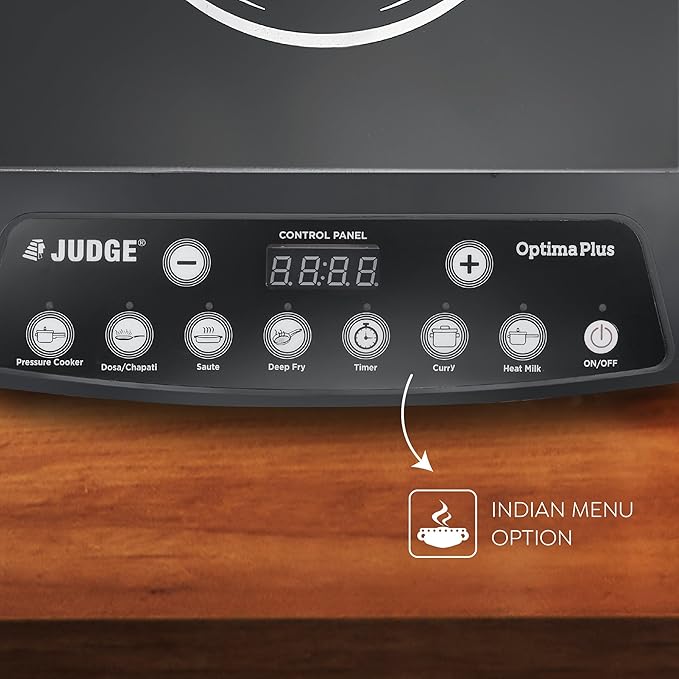 Judge by Prestige 1600Watts Optima Plus Induction Cooktop | Pre-Set Indian Menu Options | Timer Function | Push Butoon | Easy to Clean Design, Black