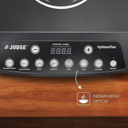 Judge by Prestige 1600Watts Optima Plus Induction Cooktop | Pre-Set Indian Menu Options | Timer Function | Push Butoon | Easy to Clean Design, Black