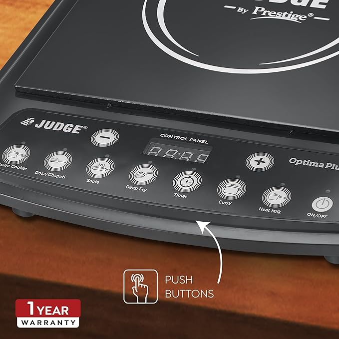 Judge by Prestige 1600Watts Optima Plus Induction Cooktop | Pre-Set Indian Menu Options | Timer Function | Push Butoon | Easy to Clean Design, Black