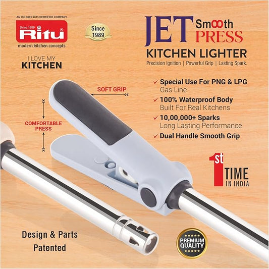 RITU Jet Smooth Press Kitchen Lighter | 2-Handle Soft Press | Waterproof | Heavy Piezo | 10 Lakh Sparks | Gas Stove Lighter for PNG LPG | Stainless Steel Pipe