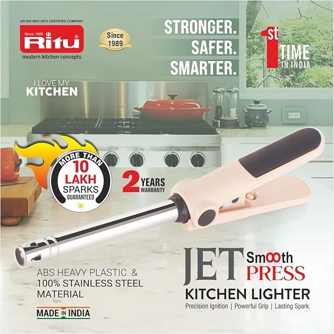RITU Jet Smooth Press Kitchen Lighter | 2-Handle Soft Press | Waterproof | Heavy Piezo | 10 Lakh Sparks | Gas Stove Lighter for PNG LPG | Stainless Steel Pipe