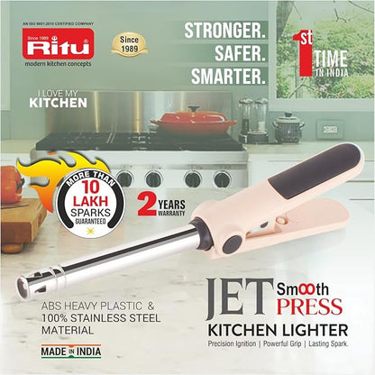 RITU Jet Smooth Press Kitchen Lighter | 2-Handle Soft Press | Waterproof | Heavy Piezo | 10 Lakh Sparks | Gas Stove Lighter for PNG LPG | Stainless Steel Pipe