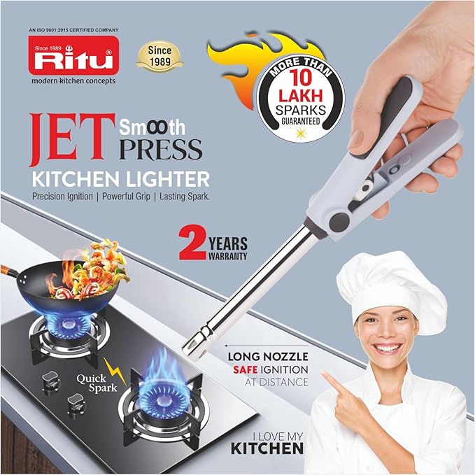 RITU Jet Smooth Press Kitchen Lighter | 2-Handle Soft Press | Waterproof | Heavy Piezo | 10 Lakh Sparks | Gas Stove Lighter for PNG LPG | Stainless Steel Pipe