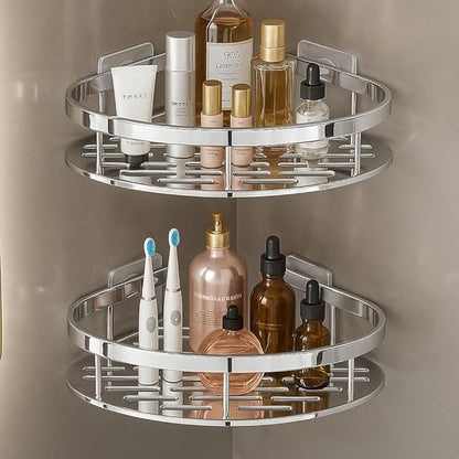 Self-Adhesive No Drill SS304 Grade Stainless Steel Bathroom Corner Rack, Bathroom Shelf and Rack Stand for Kitchen, Drill Free Wall-Mounted Bathroom Accessories (Chrome Finish) Pack of 2