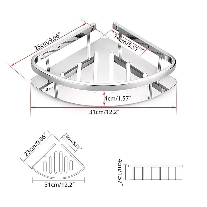 Self-Adhesive No Drill SS304 Grade Stainless Steel Bathroom Corner Rack, Bathroom Shelf and Rack Stand for Kitchen, Drill Free Wall-Mounted Bathroom Accessories (Chrome Finish) Pack of 2