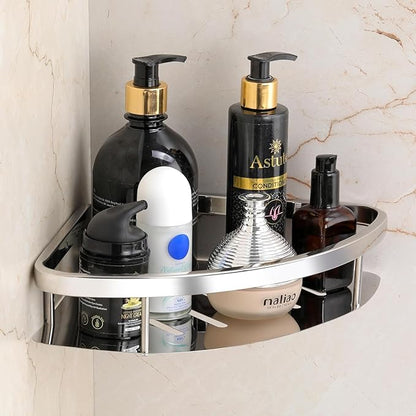 Self-Adhesive No Drill SS304 Grade Stainless Steel Bathroom Corner Rack, Bathroom Shelf and Rack Stand for Kitchen, Drill Free Wall-Mounted Bathroom Accessories (Chrome Finish) Pack of 2