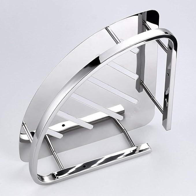 Self-Adhesive No Drill SS304 Grade Stainless Steel Bathroom Corner Rack, Bathroom Shelf and Rack Stand for Kitchen, Drill Free Wall-Mounted Bathroom Accessories (Chrome Finish) Pack of 2