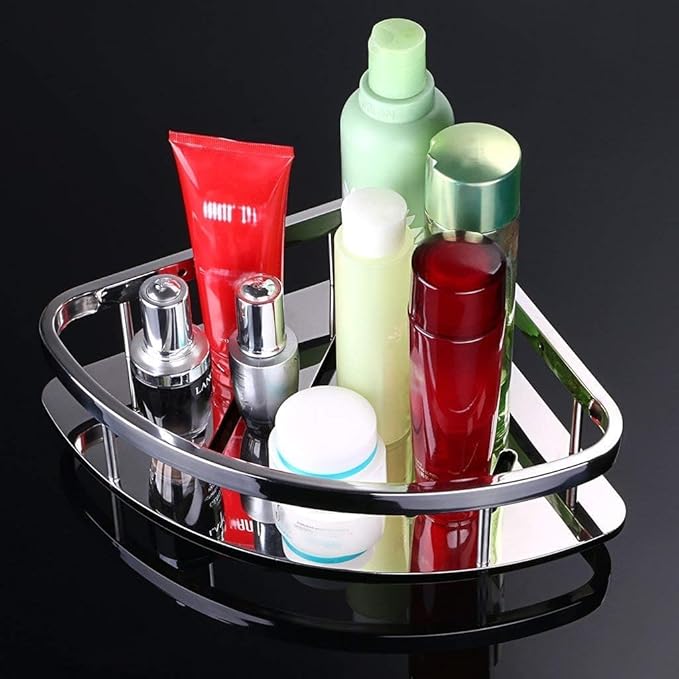 Self-Adhesive No Drill SS304 Grade Stainless Steel Bathroom Corner Rack, Bathroom Shelf and Rack Stand for Kitchen, Drill Free Wall-Mounted Bathroom Accessories (Chrome Finish) Pack of 2
