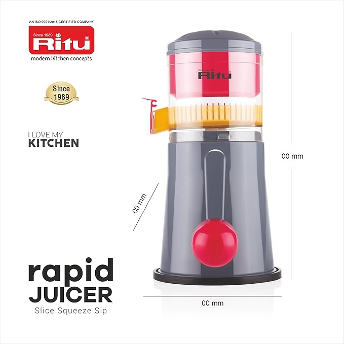 RITU Rapid Portable Juicer Machine for Home | Manual Hand Juicer for Fruits & Vegetables | Handle & Vacuum Locking System | Easy to Use | Shake & Fruit Juicer for All Fruits | Compact & Durable Design