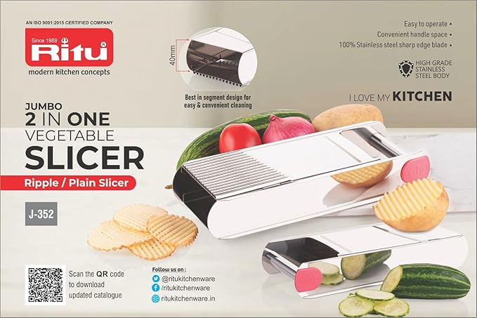 RITU Jumbo Slicer 2 -in -1 Stainless Steel Slicer with Plain & Ripple Blades | Multi -Function Vegetable & Fruit Cutter for Easy, Smooth Cutting Operations |Perfect for Salads, Stir -Fries, and More