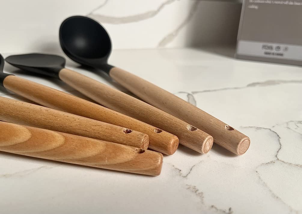 RRPLAST Silicone Spatula Kitchen Kitchen Tool Set (Black, wooden, Baking Tools, Cooking Spoon, Whisk, Tong, Brush, Roaster, Spatula)