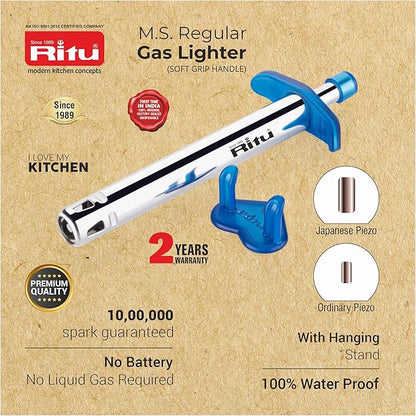 RITU M.S Gas Lighter for Kitchen | Long Lasting & Rust Proof Igniter | Unbreakable Body | Easy to Use | Strong Spark | Safe Grip Handle | Ideal for Gas Stove | 2 Year Warranty | Multicolor