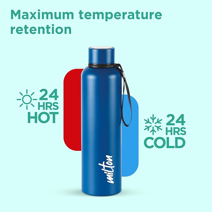 Milton Aura 1000 Thermosteel Bottle, 1 Litre, Dark Blue | 24 Hours Hot and Cold | Easy to Carry | Rust & Leak Proof | Tea | Coffee | Office| Gym | Home | Kitchen | Hiking | Trekking | Travel Bottle