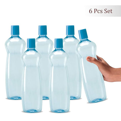 MILTON Pacific Pack of 6 Water Bottles, 1 Litre Each, Reusable Plastic Fridge Bottle Set, BPA Free and Leak Proof Bottles for Travel, Work, Blue