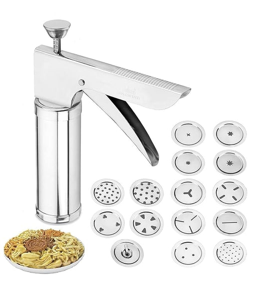 RITU Stainless Steel Kitchen Press with 15 Jali Discs for Bhujia, Sev, Chakli, Noodles, Farsan, Murukku, Namkeen, Cookies & Snacks Making | Manual Food Maker Tool for Home Use