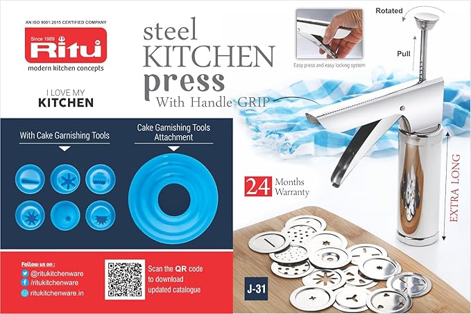 RITU Stainless Steel Kitchen Press with 15 Jali Discs for Bhujia, Sev, Chakli, Noodles, Farsan, Murukku, Namkeen, Cookies & Snacks Making | Manual Food Maker Tool for Home Use