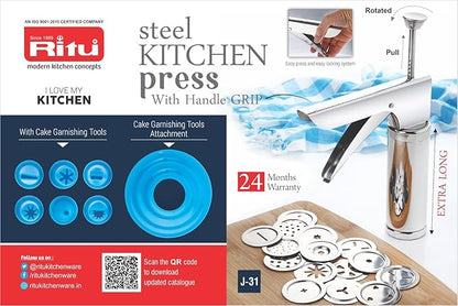 RITU Stainless Steel Kitchen Press with 15 Jali Discs for Bhujia, Sev, Chakli, Noodles, Farsan, Murukku, Namkeen, Cookies & Snacks Making | Manual Food Maker Tool for Home Use