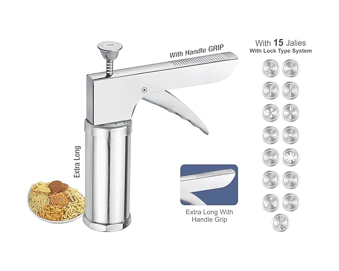 RITU Stainless Steel Kitchen Press with 15 Jali Discs for Bhujia, Sev, Chakli, Noodles, Farsan, Murukku, Namkeen, Cookies & Snacks Making | Manual Food Maker Tool for Home Use