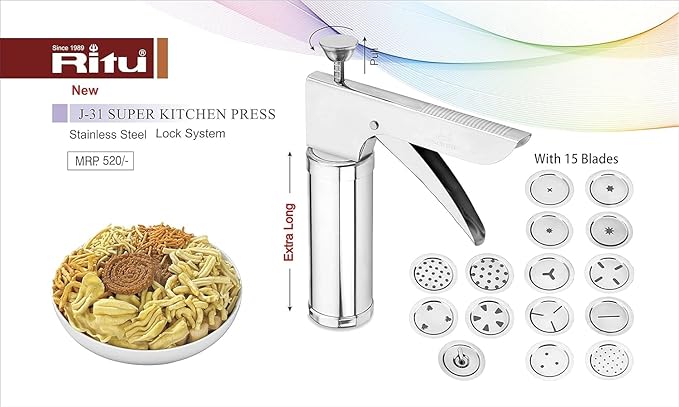 RITU Stainless Steel Kitchen Press with 15 Jali Discs for Bhujia, Sev, Chakli, Noodles, Farsan, Murukku, Namkeen, Cookies & Snacks Making | Manual Food Maker Tool for Home Use