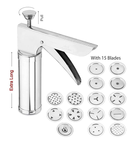 RITU Stainless Steel Kitchen Press with 15 Jali Discs for Bhujia, Sev, Chakli, Noodles, Farsan, Murukku, Namkeen, Cookies & Snacks Making | Manual Food Maker Tool for Home Use
